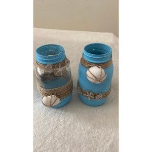 Set of 2 Beach Theme Jars Ball Canning Jar Handmade Aqua Blue Large